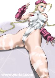 Rule 34 | 1girl, beret, blonde hair, blue eyes, breasts, cammy white, capcom, fingerless gloves, gloves, hat, highres, large breasts, leotard, solo, street fighter, yuri ai