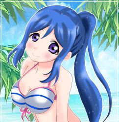 Rule 34 | 1girl, artist name, artist request, bare shoulders, bikini, blue bikini, blue hair, blue sky, blush, breasts, cleavage, close-up, cloud, collarbone, day, female focus, floating hair, front-tie bikini top, front-tie top, hair between eyes, high ponytail, highres, long hair, looking at viewer, love live!, love live! school idol festival, love live! sunshine!!, matsuura kanan, medium breasts, ocean, outdoors, parted lips, ponytail, purple eyes, sky, smile, solo, sparkle, string bikini, striped bikini, striped bikini top, striped clothes, swimsuit, upper body, wavy hair, white bikini