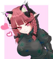 Rule 34 | 1girl, absurdres, animal ear fluff, animal ears, black bow, blunt bangs, border, bow, braid, breasts, cat ears, closed mouth, commentary request, dress, extra ears, green dress, hair bow, heart, highres, kaenbyou rin, large breasts, long eyelashes, long hair, long sleeves, looking at viewer, pink background, pointy ears, puffy long sleeves, puffy sleeves, red eyes, red hair, smile, solo, sugar you, touhou, twin braids, upper body, white border