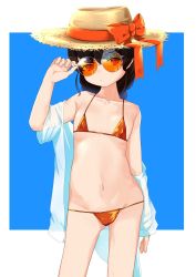 Rule 34 | 1girl, adjusting eyewear, bikini, bow, breasts, brown hair, closed mouth, collarbone, commentary request, female focus, hand on eyewear, hat, hat bow, kantai collection, long hair, looking at viewer, micro bikini, nassukun, navel, open clothes, open shirt, orange bikini, orange bow, round eyewear, see-through, see-through shirt, shirt, simple background, small breasts, solo, souya (kancolle), standing, stomach, straw hat, sunglasses, swimsuit, tinted eyewear, two-tone background, white shirt