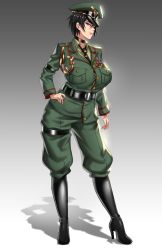 Rule 34 | 1girl, absurdres, anima (togashi), blue eyes, boots, breasts, commission, gradient background, hat, high heel boots, high heels, highres, large breasts, latex, latex boots, mature female, medal, military, military hat, military uniform, necktie, original, shadow, short hair, simple background, solo, standing, uniform