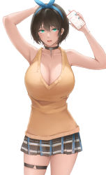 Rule 34 | 1girl, alternate breast size, aqua eyes, arm behind head, armpits, arms up, bad id, bad pixiv id, bare shoulders, blue hairband, blush, bow hairband, bracelet, breasts, brown hair, cellphone, chain, cleavage, collar, collarbone, commentary, cowboy shot, earrings, eyebrows, eyelashes, hair between eyes, hairband, highres, holding, holding phone, huge breasts, iphone, jewelry, kanojo okarishimasu, looking at viewer, miniskirt, phone, plaid, plaid skirt, revision, rifu (643763873), sarashina ruka, scoop neck, short hair, simple background, skindentation, skirt, sleeveless, smartphone, solo, standing, sweater, sweater vest, thigh strap, thighs, v-neck, white background, yellow sweater