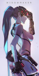 Rule 34 | 1girl, arm at side, arm up, ass, back, bad id, bad pixiv id, black gloves, bodysuit, breasts, character name, chromatic aberration, cowboy shot, expressionless, from side, gloves, glowing, glowing eyes, goggles, goggles on head, grey hair, gun, head-mounted display, highres, large breasts, looking at viewer, looking to the side, overwatch, overwatch 1, parted lips, ponytail, reroi, revision, rifle, simple background, skin tight, sniper rifle, solo, weapon, white background, widowmaker (overwatch), yellow eyes