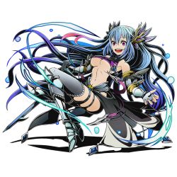 Rule 34 | 10s, 1girl, armor, armored boots, blue gloves, blue hair, blue thighhighs, boots, breasts, cleavage, dione (road to dragons), divine gate, fingerless gloves, floating hair, full body, gloves, hair between eyes, holding, holding sword, holding weapon, long hair, medium breasts, midriff, navel, official art, open mouth, purple eyes, road to dragons, solo, sword, thigh strap, thighhighs, transparent background, ucmm, underboob, very long hair, weapon