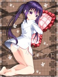 Rule 34 | 1girl, ass, barefoot, blush, breasts, brown background, character name, clover, commentary request, flower, frilled pillow, frills, from behind, full body, gochuumon wa usagi desu ka?, hair between eyes, highres, kneeling, kohakugin, long hair, long sleeves, looking at viewer, looking back, medium breasts, no pants, hugging object, open mouth, panties, pillow, pillow hug, plantar flexion, purple eyes, purple hair, shirt, side-tie panties, sidelocks, soles, solo, tedeza rize, twintails, underwear