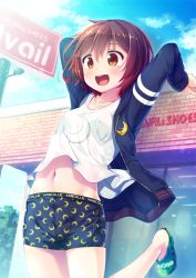 Rule 34 | 10s, 1girl, :d, arms behind head, blue boxers, blue male underwear, blush, boxers, brown eyes, brown hair, clothes writing, crescent, crescent moon, crescent moon print, crescent pin, crescent print, female focus, jacket, kantai collection, male underwear, masaki kei, moon, moon print, mutsuki (kancolle), mutsuki kai ni (kancolle), navel, open mouth, print boxers, print clothes, print male underwear, print underwear, short hair, smile, solo, underwear, underwear writing