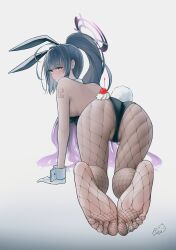 Rule 34 | 1girl, absurdres, ahoge, all fours, animal ears, ass, back, bare shoulders, black hair, black leotard, blue archive, blush, breasts, cherry, closed mouth, commentary request, dark-skinned female, dark skin, detached collar, earrings, fake animal ears, feet, fishnet pantyhose, fishnets, food, food on body, foot focus, foreshortening, from behind, fruit, gloves, gradient hair, halo, highleg, highleg leotard, highres, jewelry, karin (blue archive), karin (bunny) (blue archive), large breasts, legs, leotard, long hair, looking at viewer, multicolored hair, no shoes, number tattoo, official alternate costume, onion (kumagaioyr), pantyhose, playboy bunny, ponytail, purple halo, rabbit ears, rabbit tail, shoulder tattoo, signature, soles, solo, strapless, strapless leotard, stud earrings, sweatdrop, tail, tattoo, thighs, toes, very long hair, whipped cream, white gloves, yellow eyes