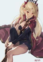 Rule 34 | 1girl, artist name, black thighhighs, blonde hair, breasts, cape, closed mouth, commentary request, earrings, ereshkigal (fate), fate/grand order, fate (series), grey background, jewelry, long hair, looking at viewer, medium breasts, red cape, red eyes, red ribbon, ribbon, simple background, single sleeve, single thighhigh, sitting, skull, solo, thighhighs, tiara, tohsaka rin, two side up, you06
