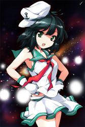 Rule 34 | 1girl, adapted costume, alphes (style), armpits, black hair, female focus, ghost, gloves, green eyes, hat, ideolo, light particles, murasa minamitsu, no nose, parody, sailor, sailor hat, short hair, skirt, sleeveless, solo, style parody, touhou