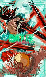 Rule 34 | 2boys, absurdres, black hair, blonde hair, blood, blood on face, clenched hand, clenched teeth, coat, cover, donquixote doflamingo, earrings, epic, fake cover, feather coat, fighting, firescorpio, gear fourth, gear fourth: boundman, haki, hat, unworn hat, unworn headwear, highres, jewelry, jolly roger, logo, looking at another, manly, monkey d. luffy, multiple boys, muscular, one piece, punching, scar, scar on chest, short hair, skull and crossbones, straw hat, teeth