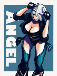 Rule 34 | 1girl, absurdres, angel (kof), ap cammy, black gloves, boots, bra, breasts, chaps, cowboy boots, cropped jacket, horns pose, fingerless gloves, gloves, hair over one eye, highres, index fingers raised, jacket, large breasts, leather, leather jacket, snk, strapless, strapless bra, the king of fighters, the king of fighters xiv, the king of fighters xv, toned, underwear