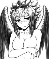 Rule 34 | 1girl, blush, breasts, duel monster, fabled grimro, female focus, greyscale, hair ornament, large breasts, monochrome, nude, pataneet, solo, upper body, white background, wings, yu-gi-oh!