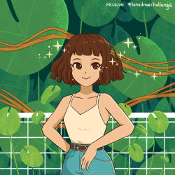 Rule 34 | 1girl, belt, blunt bangs, bob cut, borrowed character, brown eyes, brown hair, camisole, commentary, denim, earrings, fence, hashtag, jeans, jewelry, mclelun, original, pants, plant, signature, smile, solo, sparkle, upper body