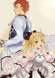 Rule 34 | 1boy, 1girl, ahoge, alternate costume, archer (fate), armor, armored dress, artoria pendragon (all), artoria pendragon (fate), bad id, bad pixiv id, bare shoulders, blonde hair, bow, chocolateonly, detached sleeves, dress, emiya shirou, fate/stay night, fate/unlimited codes, fate/zero, fate (series), gauntlets, green eyes, hair bow, ponytail, red hair, saber (fate), saber lily, simple background, sword, weapon, yellow eyes