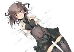 Rule 34 | 10s, 1girl, bed sheet, bike shorts, blush, brown eyes, brown hair, flat chest, headband, headgear, kantai collection, looking at viewer, lying, miya kazutomo, on back, open mouth, personification, short hair, skirt, solo, taihou (kancolle), thighhighs