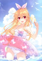 Rule 34 | 1girl, absurdres, animal, aoi (tsunako), bare shoulders, bikini, bird, blonde hair, blue sky, blush, breasts, cloud, cloudy sky, collarbone, day, fingernails, food, hair ornament, highres, holding, holding food, innertube, long hair, looking at viewer, navel, open mouth, original, outdoors, partially submerged, ponytail, popsicle, red eyes, ribbon, scan, see-through, sky, small breasts, smile, stomach, swim ring, swimsuit, tsunako, water, water drop, white bikini