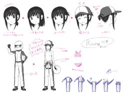 Rule 34 | 1girl, alternate hairstyle, baseball cap, chart, commentary request, folded ponytail, fubuki (kancolle), hat, helmet, highres, jumpsuit, jumpsuit around waist, kantai collection, long hair, looking at viewer, low ponytail, monochrome, multiple views, nakaaki masashi, official alternate costume, panties, pilot helmet, sidelocks, sports bra, spot color, translation request, underwear, unworn panties, upper body