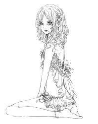 Rule 34 | 10s, 1girl, bare arms, bare legs, bare shoulders, barefoot, crying, curly hair, diabolik lovers, eyelashes, female focus, flower, frills, from side, full body, hair flower, hair ornament, jewelry, kaki (artist), komori yui, lineart, lingerie, looking at viewer, monochrome, open mouth, petite, rejet, seiza, simple background, sitting, solo, tears, underwear, underwear only, white background