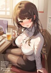 Rule 34 | 1girl, @ @, alcohol, beer, black skirt, blush, breasts, brown eyes, brown hair, brown pantyhose, button gap, buttons, cleavage, collared shirt, commentary request, dress shirt, drunk, gomashio ponz, highres, large breasts, long hair, long sleeves, looking at viewer, miniskirt, mole, mole on breast, office lady, open mouth, original, pantyhose, pencil skirt, shirt, shirt tucked in, side slit, sitting, skirt, smile, solo, squeans, sweat, thighs, twisted torso, white shirt