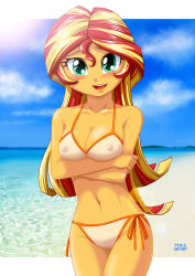 Rule 34 | absurdres, beach, bikini, blush, breasts, clothes, cloud, highres, looking at viewer, my little pony, my little pony: equestria girls, my little pony: friendship is magic, nipples, open mouth, sand, sky, solo, sunset shimmer, swimsuit, uotapo, water