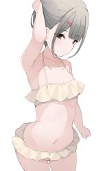 Rule 34 | 1girl, arched back, arm at side, arm behind head, arm up, armpits, bikini, bikini skirt, blunt bangs, blush, breasts, clenched hand, closed mouth, collarbone, cowboy shot, frilled bikini, frilled swimsuit, frills, from side, grey hair, hair ornament, hairclip, halterneck, hand on own head, highres, hiroki (yyqw7151), looking at viewer, medium hair, navel, orange eyes, original, serious, sidelocks, sideways glance, simple background, small breasts, solo, standing, stomach, swimsuit, thighs, white background, white bikini