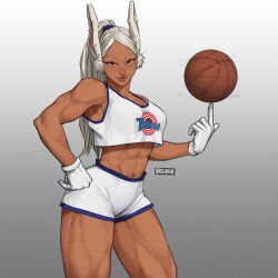 Rule 34 | 1girl, abs, animal ears, ball, basketball (object), boku no hero academia, breikka, cosplay, dark skin, female focus, gloves, hand on own hip, lola bunny, lola bunny (cosplay), long eyelashes, long hair, looking at viewer, mirko, muscular, muscular female, rabbit ears, rabbit girl, red eyes, shorts, signature, solo, space jam, tank top, toned, trait connection, white gloves, white hair