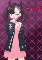 Rule 34 | 1girl, absurdres, asymmetrical bangs, black choker, black jacket, black nails, blush, character name, choker, closed mouth, commentary request, creatures (company), dress, earrings, eyelashes, game freak, green eyes, hair ribbon, hand up, heart, highres, holding, holding poke ball, jacket, jewelry, jyanbo (monaca draw), long sleeves, looking at viewer, marnie (pokemon), nail polish, nintendo, open clothes, open jacket, pink dress, poke ball, poke ball (basic), pokemon, pokemon swsh, purple background, ribbon, solo