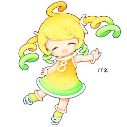 Rule 34 | 1girl, ^ ^, ahoge, aikei ake, bangle, bare arms, blonde hair, boots, bracelet, chibi, closed eyes, dress, facing viewer, full body, gradient dress, gradient footwear, gradient hair, green dress, green footwear, green hair, highres, jewelry, multicolored hair, original, personification, ringlets, simple background, sleeveless, sleeveless dress, solo, translation request, white background, yellow dress, yellow footwear