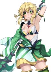 Rule 34 | 1girl, akatsuki kirika, alternate costume, arm up, armlet, armpits, asymmetrical clothes, bandeau, bare shoulders, blonde hair, blush, breasts, closed mouth, commentary request, detached collar, elbow gloves, gloves, green eyes, green thighhighs, hair between eyes, hair ornament, japanese clothes, looking at viewer, medium breasts, scythe, senki zesshou symphogear, senki zesshou symphogear xd unlimited, shiny skin, short hair, simple background, smile, solo, standing, thighhighs, tsukamoto kensuke, white background