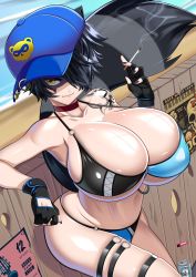 Rule 34 | 1girl, absurdres, animal ears, beach, bikini, black hair, breasts, cigarette, cleavage, fingerless gloves, gloves, hair over one eye, hat, highres, huge breasts, indie virtual youtuber, nail polish, purple nails, raccoon ears, raccoon girl, raccoon tail, shoulder tattoo, smoking, snuffy (vtuber), solo, steve chopz, swimsuit, tail, tattoo, thigh strap, virtual youtuber, yellow eyes