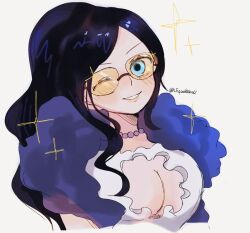 Rule 34 | 1girl, black hair, blue eyes, blue hair, blush, breasts, cleavage, commentary request, feather boa, jewelry, n fuyuakatsuki, necklace, nico robin, one eye closed, one piece, one piece film: gold, pearl necklace, ponytail, simple background, smile, sparkle, tinted eyewear, twitter username, upper body, white background, yellow-tinted eyewear