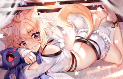 1girl, ahoge, animal ear fluff, animal ears, artist name, bangs, bare shoulders, barefoot, blonde hair, blush, cat ears, clothing cutout, commentary, ear piercing, eyebrows visible through hair, frilled shorts, frills, hair between eyes, legs up, looking at viewer, original, parted lips, piercing, red eyes, shirt, short shorts, shorts, shoulder cutout, smile, solo, squchan, star (symbol), watermark, web address, whisker markings, white shirt, white shorts