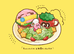 Rule 34 | :o, blue eyes, blush, blush stickers, burger, chef hat, commentary request, cup, english text, food, hat, holding, holding food, kirby, kirby (series), kirby burger, kirby cafe, lettuce, maxim tomato, midoriko (tuhd4735), mug, nintendo, no humans, notice lines, open mouth, plate, salad, simple background, star (symbol), tomato, tomato slice, translation request, white headwear, yellow background