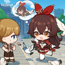 &gt;_&lt; 1boy 1girl :d absurdres amber_(genshin_impact) belt bird blue_sky boots brown_belt brown_hair brown_shorts chibi commentary copyright_name crossed_bangs day english_commentary flying_sweatdrops full_body genshin_impact gloves hair_between_eyes hair_ribbon hand_up highres long_hair looking_at_another official_art open_mouth orange_eyes outdoors pigeon pouch red_ribbon ribbon shorts shrug_(clothing) sky smile standing standing_on_one_leg sweat thigh_boots thought_bubble timmie_(genshin_impact) very_long_hair vision_(genshin_impact) white_footwear white_gloves xd