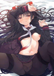 Rule 34 | 1girl, azur lane, bed, black hair, blush, bow, breasts, commentary request, hair bow, highres, horns, long hair, looking at viewer, madotsukumo, medium breasts, oni horns, pantyhose, red eyes, sakawa (azur lane), school uniform, smile, solo