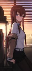 Rule 34 | 1girl, arm support, arms behind back, belt, black pantyhose, black shorts, blue eyes, blush, brown jacket, closed mouth, crossed bangs, from side, gnns, hair between eyes, highres, indoors, jacket, light frown, long hair, long sleeves, looking at viewer, makise kurisu, necktie, off shoulder, open clothes, open jacket, orange sky, pantyhose, pantyhose under shorts, red hair, red necktie, shirt, shorts, sky, sleeve garter, solo, steins;gate, straight hair, swimsuit, twilight, white belt, white shirt, window