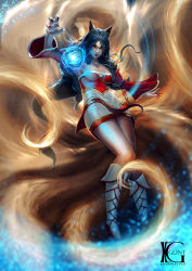 Rule 34 | 1girl, ahri (league of legends), animal ears, aura, black hair, boots, breasts, cleavage, detached sleeves, energy ball, facial mark, fingernails, fox ears, fox tail, full body, highres, kevin glint, league of legends, long fingernails, looking at viewer, midair, multiple tails, solo, tail, whiskers, yellow eyes