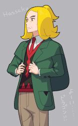 Rule 34 | 1boy, black vest, blonde hair, brown pants, closed mouth, collared shirt, commentary request, cowboy shot, creatures (company), frown, game freak, green jacket, grey background, hassel (pokemon), highres, jacket, looking down, male focus, necktie, nintendo, open clothes, open jacket, orange eyes, pants, parted bangs, pokemon, pokemon sv, red necktie, shirt, short ponytail, simple background, solo, translation request, u2t5k2s5, vest, white shirt
