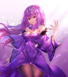 Rule 34 | 1girl, bare shoulders, black pantyhose, bow, breasts, caster (lostbelt), cleavage, detached collar, fate/grand order, fate (series), hair bow, heiyan shenshi, highres, medium breasts, pantyhose, purple eyes, red eyes, scathach (fate), scathach skadi (fate), solo, thigh gap, tiara, wide sleeves