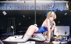 Rule 34 | 1girl, absurdres, alcohol, all fours, animal ears, bar (place), bare shoulders, blonde hair, blue archive, blue bow, blue eyes, blue footwear, blue hairband, blue leotard, blurry, bottle, bow, bowtie, braid, breasts, breasts apart, briefcase, checkered floor, coin, commentary request, depth of field, detached collar, fake animal ears, fingernails, floating card, full body, gold coin, hairband, high heels, highleg, highleg leotard, highres, index finger raised, leotard, liquor, long hair, medium breasts, nail polish, official alternate costume, official alternate hairstyle, paid reward available, patent heels, playboy bunny, poker chip, pole, pumps, rabbit ears, rabbit tail, shoes, sky wbo, solo, stiletto heels, stool, stripper pole, tail, thighhighs, thighs, toki (blue archive), toki (bunny) (blue archive), unworn shoes, very long hair, white thighhighs, wrist cuffs