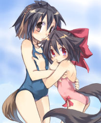 Rule 34 | 2girls, animal ears, ass, black hair, blush, brown eyes, child, closed mouth, fang, flat chest, hair ribbon, hyokkori tamago, multiple girls, one-piece swimsuit, open mouth, red eyes, ribbon, school swimsuit, short hair, swimsuit, tail, toba hiyoko
