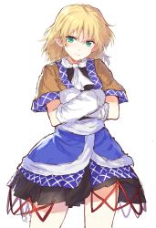 Rule 34 | 1girl, abusoru, arm warmers, black skirt, blonde hair, blue skirt, crossed arms, green eyes, highres, looking at viewer, miniskirt, mizuhashi parsee, pointy ears, short hair, simple background, sketch, skirt, solo, standing, touhou, white background
