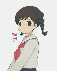 Rule 34 | 1girl, ayu (mog), blue skirt, braid, bright pupils, brown eyes, brown hair, closed mouth, copyright request, long sleeves, looking at viewer, neckerchief, pleated skirt, red neckerchief, sailor collar, school uniform, serafuku, shirt, signature, simple background, skirt, solo, twin braids, twintails, white background, white sailor collar, white shirt