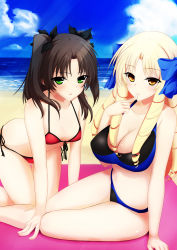 Rule 34 | 2girls, absurdres, all fours, bikini, black hair, blonde hair, breasts, brown eyes, drill hair, fate/hollow ataraxia, fate/kaleid liner prisma illya, fate/stay night, fate (series), green eyes, hae (zhenshadai), highres, large breasts, long hair, luviagelita edelfelt, multiple girls, swimsuit, tohsaka rin, twintails, two side up