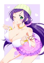 Rule 34 | 10s, 1girl, :o, aqua eyes, bare shoulders, bikini, blue hair, blush, bra, bracelet, breasts, covered erect nipples, facial mark, female focus, flower, green eyes, hat, heart, highres, jewelry, large breasts, long hair, long twintails, looking at viewer, love live!, love live! school idol project, miniskirt, natsuiro egao de 1 2 jump!, necklace, one eye closed, open mouth, purple hair, skirt, solo, swimsuit, tojo nozomi, tung, twintails, underwear, wink