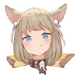 Rule 34 | &gt;:), 1girl, animal ears, blue eyes, blush, brown hair, cat ears, closed mouth, commentary request, final fantasy, final fantasy xiv, hair ornament, head, looking at viewer, lowres, miqo&#039;te, portrait, simple background, smile, solo, tota (sizukurubiks), white background