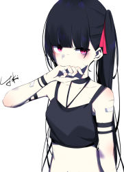 Rule 34 | 1girl, arm strap, bare shoulders, black hair, black shirt, bruise, bruised eye, choker, covering own mouth, crop top, hair ribbon, hand up, ichiki 1, injury, long hair, looking at viewer, midriff, original, red eyes, red ribbon, ribbon, shirt, signature, simple background, sleeveless, sleeveless shirt, solo, stomach, twintails, upper body, v-shaped eyebrows, white background, wristband