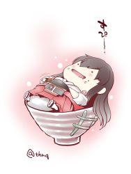 Rule 34 | 10s, 1girl, akagi (kancolle), blush, bowl, chibi, fat, food, highres, japanese clothes, kantai collection, long hair, military vehicle, open mouth, personification, rice, ship, skirt, smile, solo, text focus, touhou meikyuu, translation request, warship, watercraft, world war ii