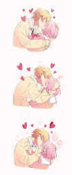 Rule 34 | 1boy, 1girl, absurdres, blonde hair, blush, closed eyes, french kiss, hands on another&#039;s head, heart, highres, kamiyama high school uniform (project sekai), kiss, long sleeves, momomo (m0 3), pink hair, pink sweater, project sekai, sailor collar, school uniform, short hair, simple background, sweater, white sailor collar, yellow sweater