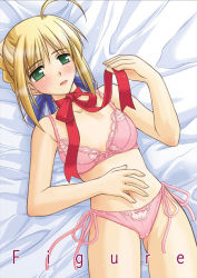 Rule 34 | 00s, 1girl, ahoge, artoria pendragon (fate), bed, bed sheet, blonde hair, blush, bra, choker, cover, fate/stay night, fate (series), green eyes, lingerie, lying, on back, panties, pink bra, pink panties, ribbon, ribbon choker, saber (fate), side-tie panties, solo, underwear, underwear only